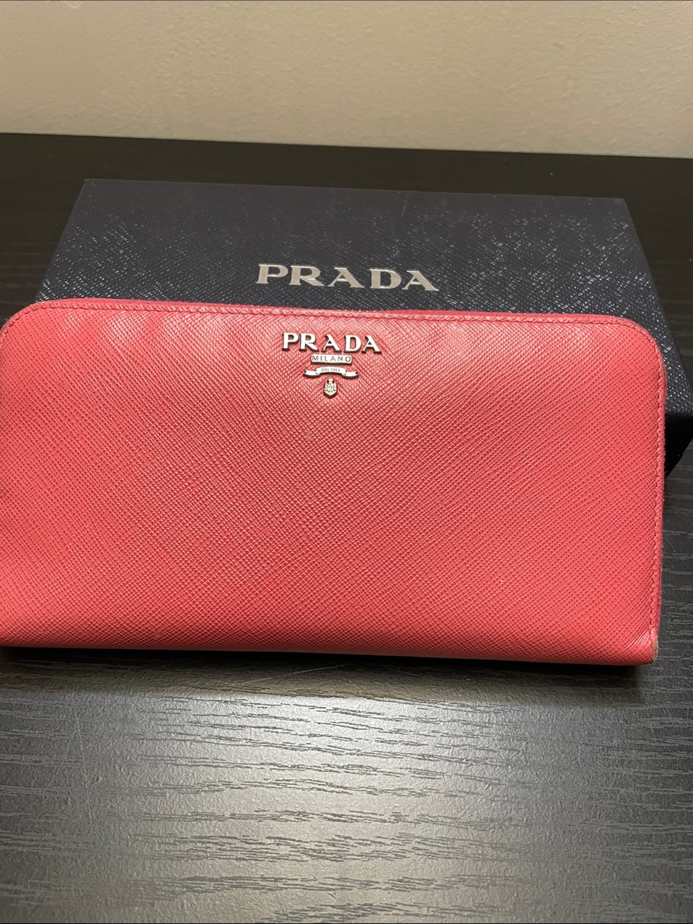 Prada coral Saffiano zip-around wallet